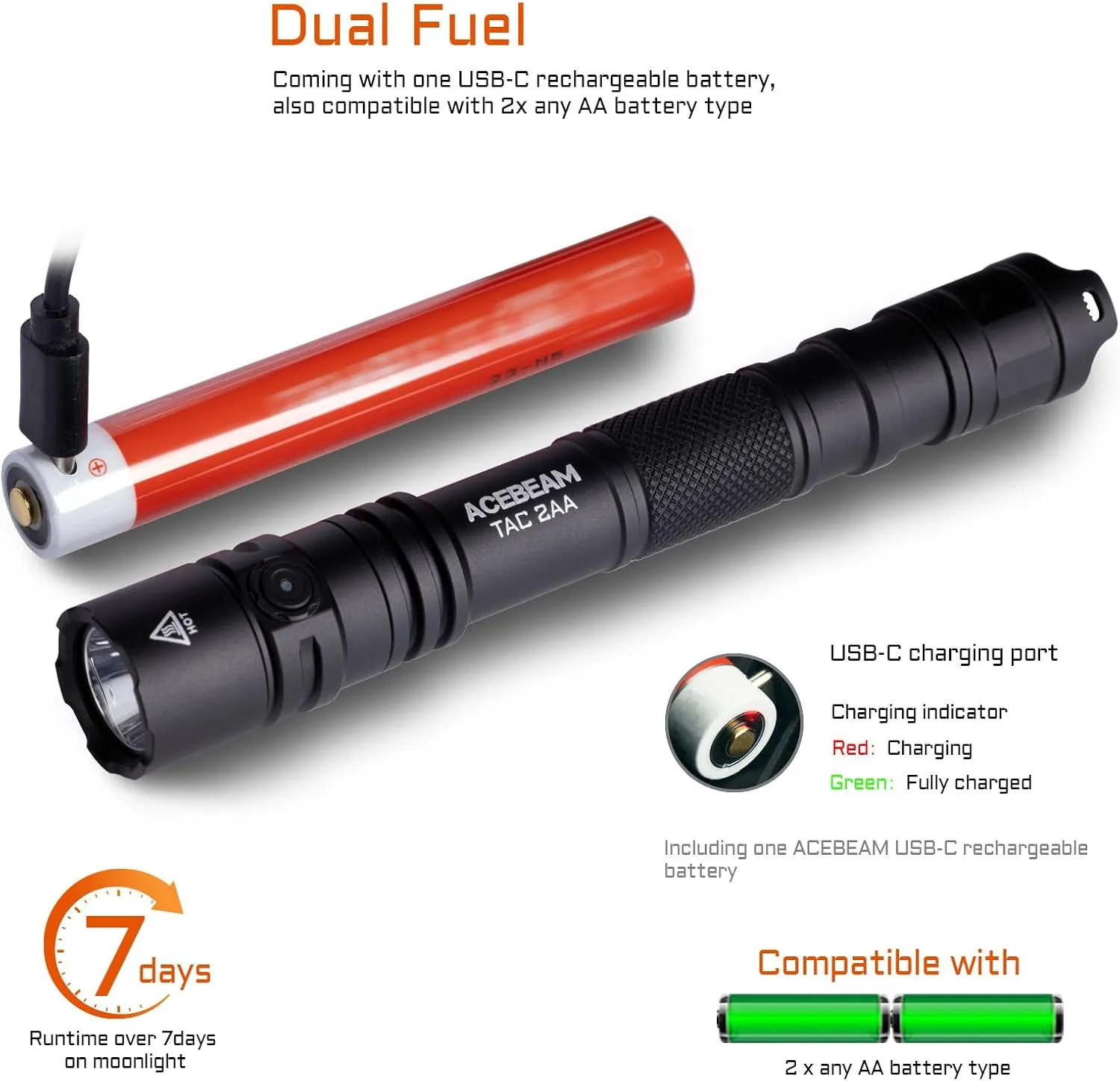 ACEBEAM TAC 2AA EDC Tactical Dual Modes Flashlight Rechargeable, 1600 High Lumens Flashlight, Dual Switch Pocket LED Flashlight, Super Bright Small Flash Light for Emergency, Camping, Home