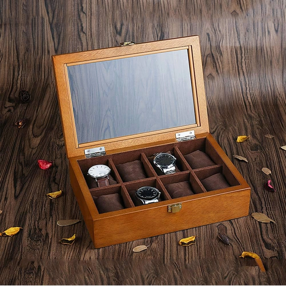 Adsale vintage wooden glass sunroof eight-compartment watch display box jewelry bracelet box storage box made of pure solid wood The table pillow is removable