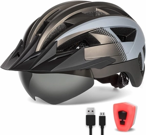 Adult Bike Helmet with Visor and Goggles for Men Women Mountain Road Bicycle Helmet Rechargeable Rear Light Cycling Helmet