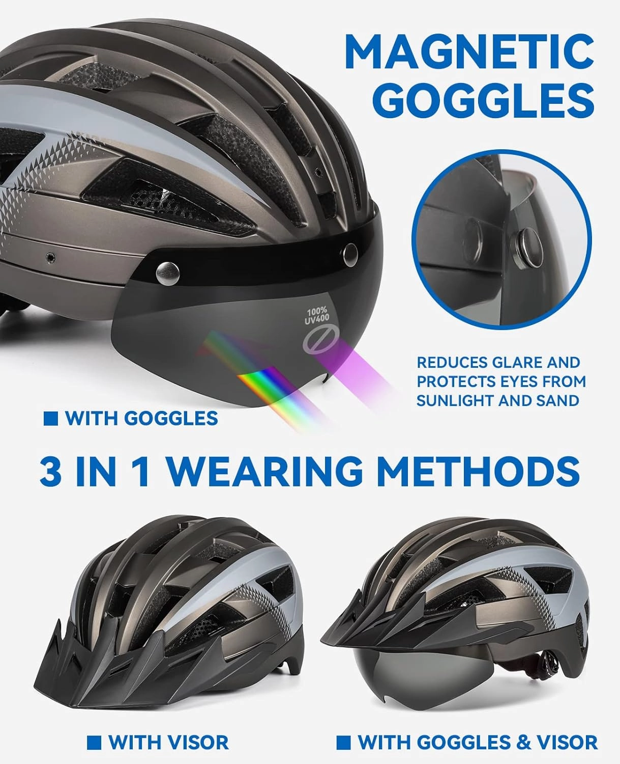 Adult Bike Helmet with Visor and Goggles for Men Women Mountain Road Bicycle Helmet Rechargeable Rear Light Cycling Helmet