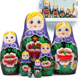 AEVVV Russian Nesting Dolls Set of 7 pcs - Matryoshka Doll in Purple Head Scarf - Shelf Decor Aesthetic - Cool Apartment Stuff - Rustic Home Table Decor
