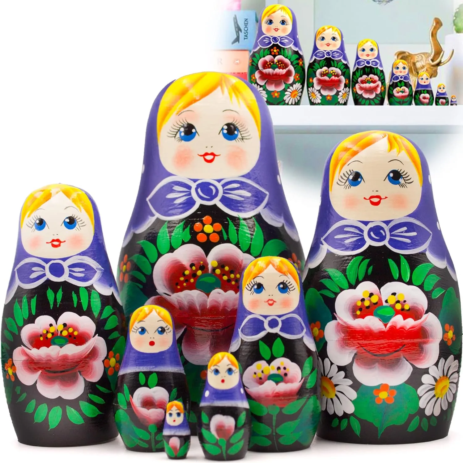 AEVVV Russian Nesting Dolls Set of 7 pcs - Matryoshka Doll in Purple Head Scarf - Shelf Decor Aesthetic - Cool Apartment Stuff - Rustic Home Table Decor