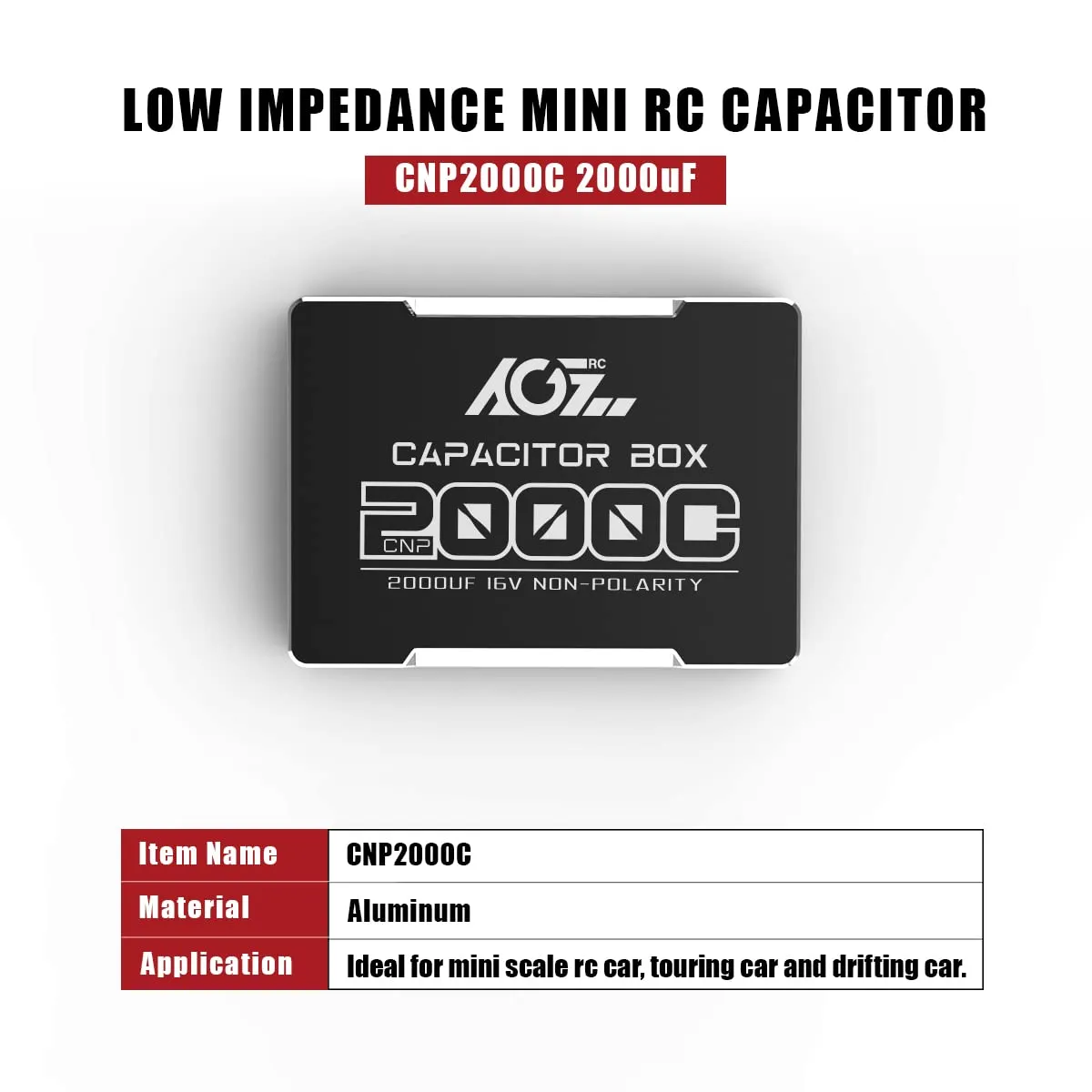 AGFRC 2000uF Mini RC Capacitor - 16V Non Polarity Low Impedance Capacitor with CNC Aluminum Case for RC Car Truck (CNP2000C)