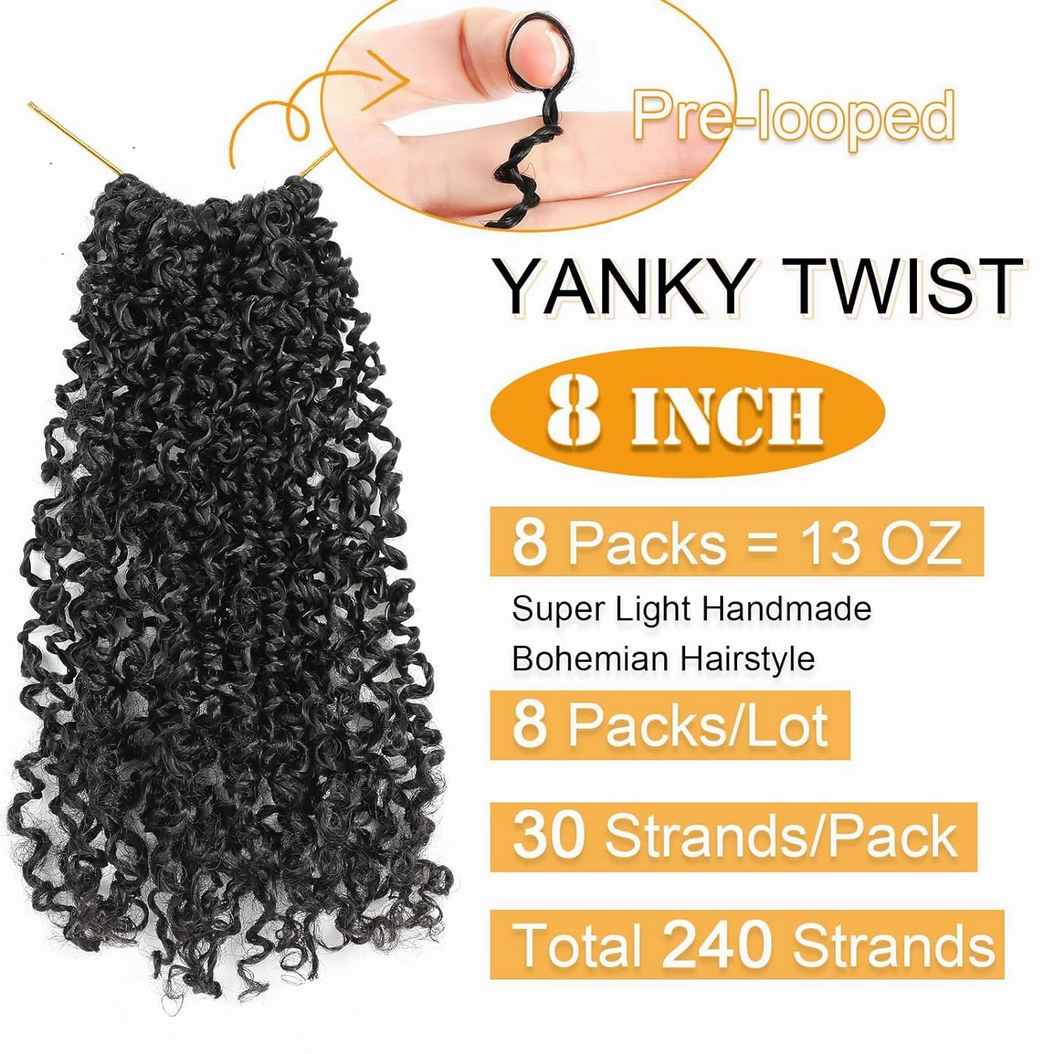 Aksice Pre-looped Yanky Twist Crochet Hair 8 Inch 8 Packs Bohemian Passion Twist Spring Mini Twist Crochet Hair for Black Women Boho Crochet Braids Synthetic (1B#)