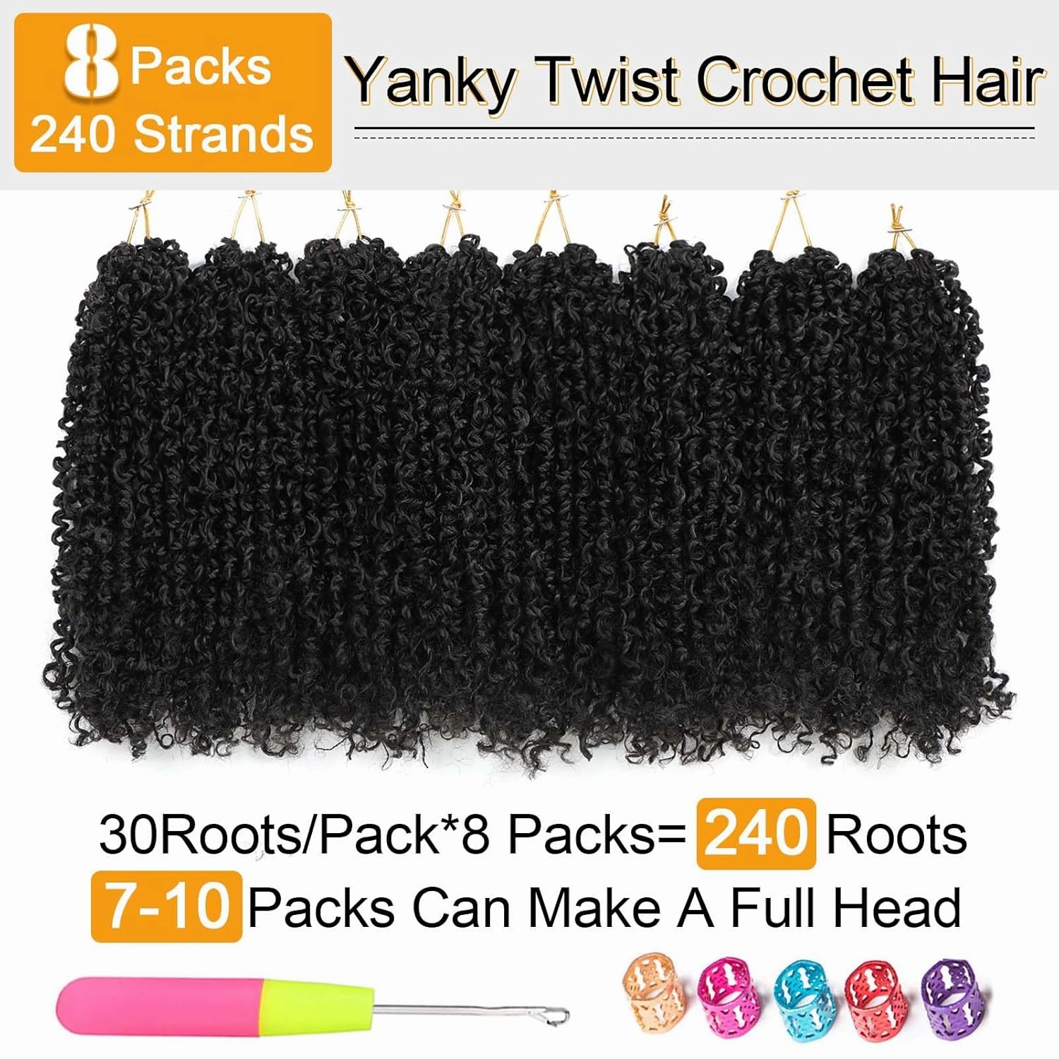 Aksice Pre-looped Yanky Twist Crochet Hair 8 Inch 8 Packs Bohemian Passion Twist Spring Mini Twist Crochet Hair for Black Women Boho Crochet Braids Synthetic (1B#)