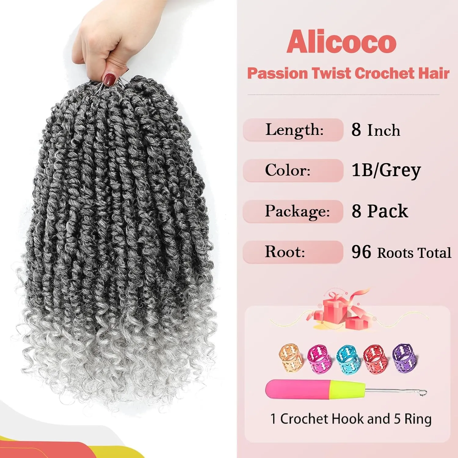 Alicoco Passion Twist Crochet Hair 8 Inch Passion Twist Hair Pre Looped 8 Packs Spring Twist Crochet Braids with Curly Ends Pre-Twisted Crochet Hair for Women (1B/Grey)