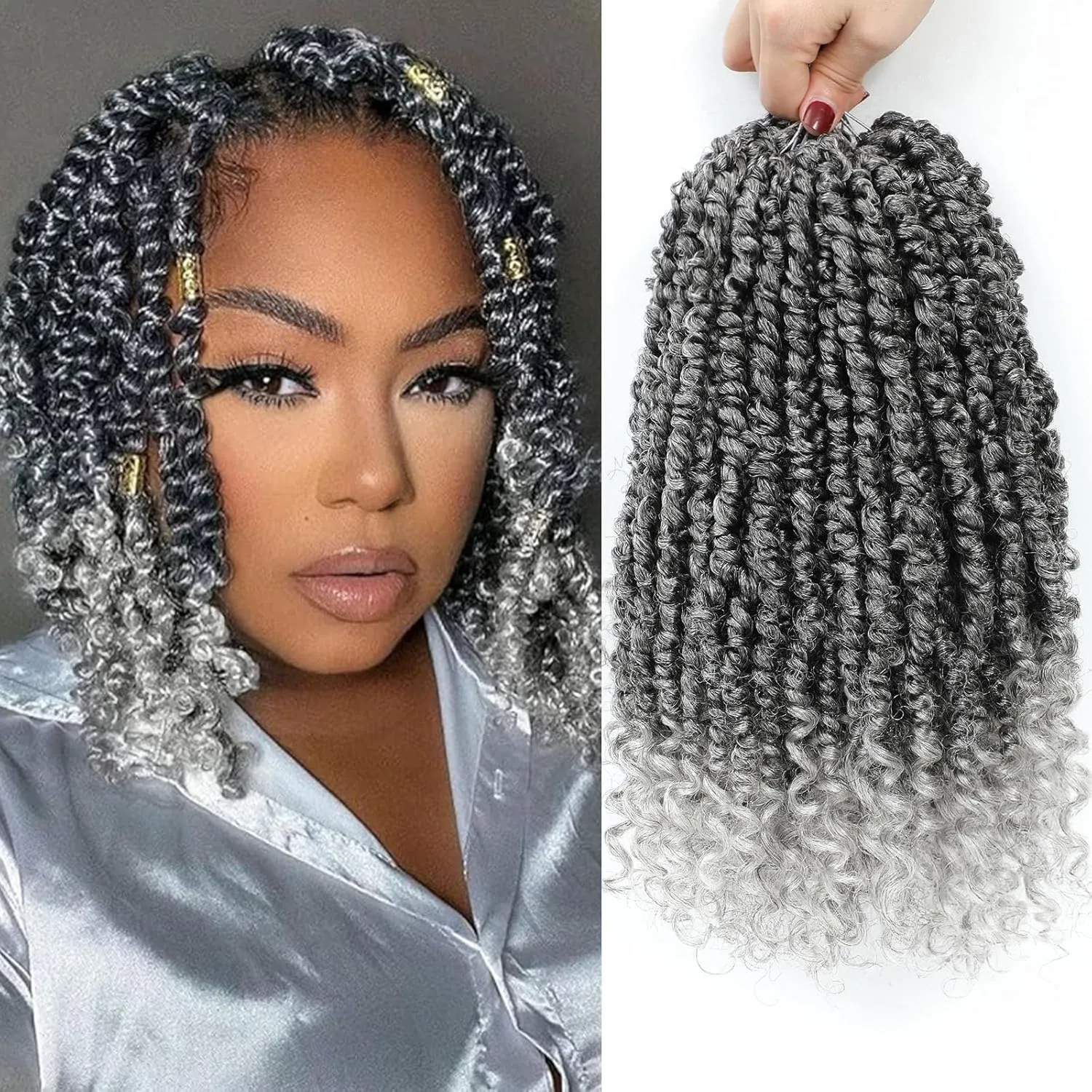Alicoco Passion Twist Crochet Hair 8 Inch Passion Twist Hair Pre Looped 8 Packs Spring Twist Crochet Braids with Curly Ends Pre-Twisted Crochet Hair for Women (1B/Grey)