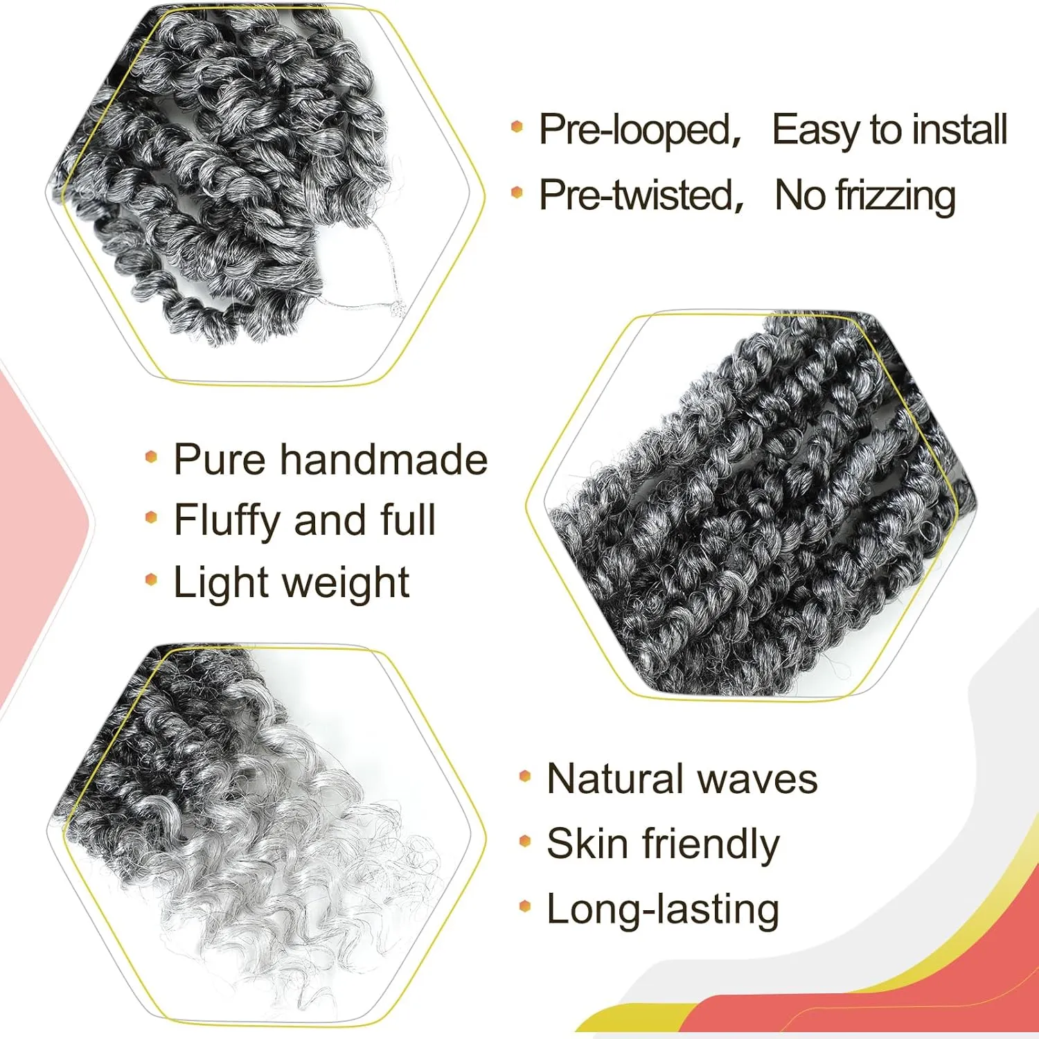 Alicoco Passion Twist Crochet Hair 8 Inch Passion Twist Hair Pre Looped 8 Packs Spring Twist Crochet Braids with Curly Ends Pre-Twisted Crochet Hair for Women (1B/Grey)