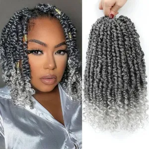Alicoco Passion Twist Crochet Hair 8 Inch Passion Twist Hair Pre Looped 8 Packs Spring Twist Crochet Braids with Curly Ends Pre-Twisted Crochet Hair for Women (1B/Grey)