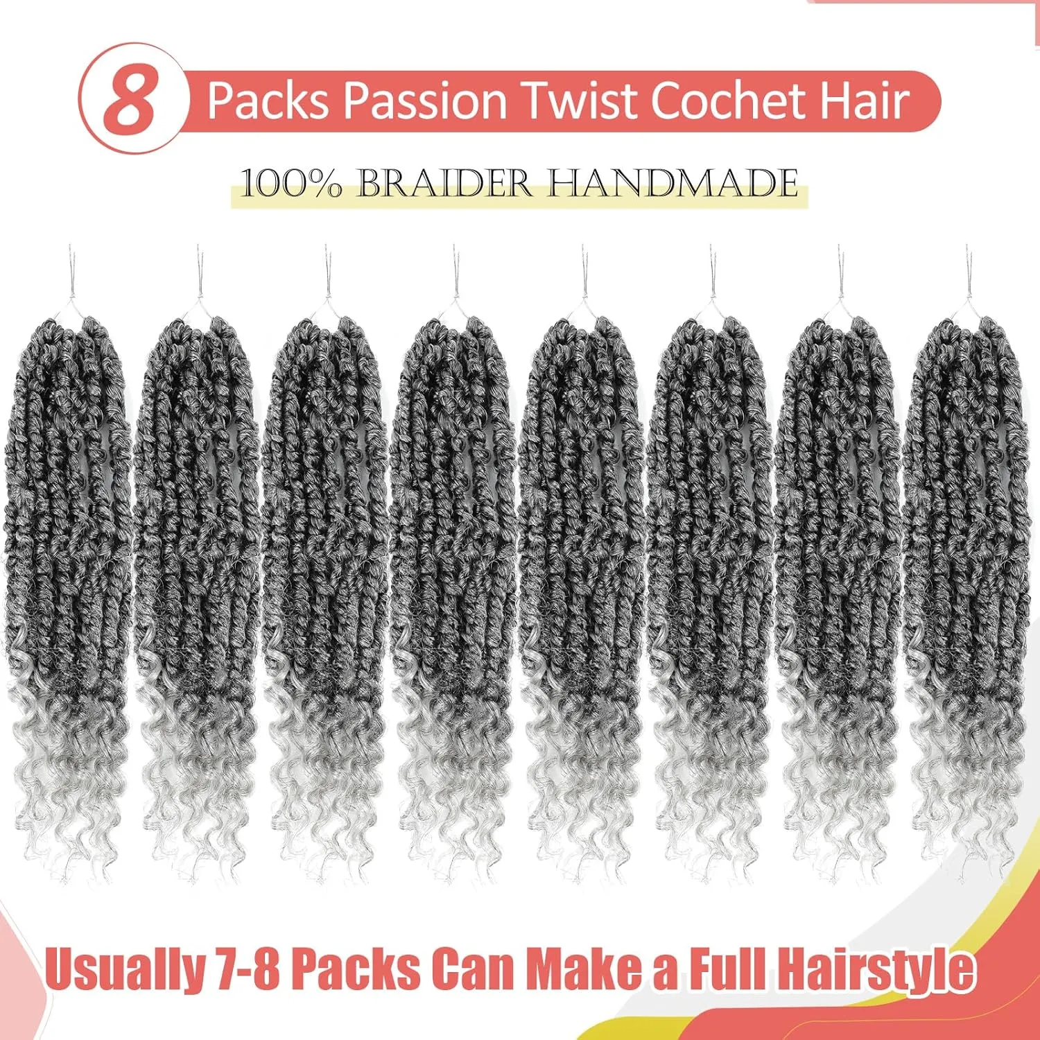 Alicoco Passion Twist Crochet Hair 8 Inch Passion Twist Hair Pre Looped 8 Packs Spring Twist Crochet Braids with Curly Ends Pre-Twisted Crochet Hair for Women (1B/Grey)