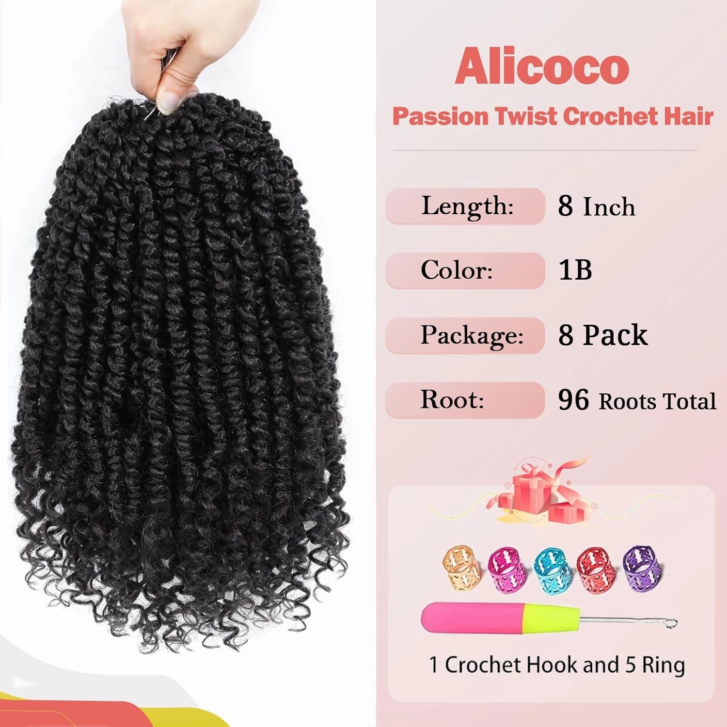 Alicoco Passion Twist Crochet Hair 8 Inch Passion Twist Hair Pre Looped 8 Packs Spring Twist Crochet Braids with Curly Ends Pre-Twisted Crochet Hair for Women (1B)