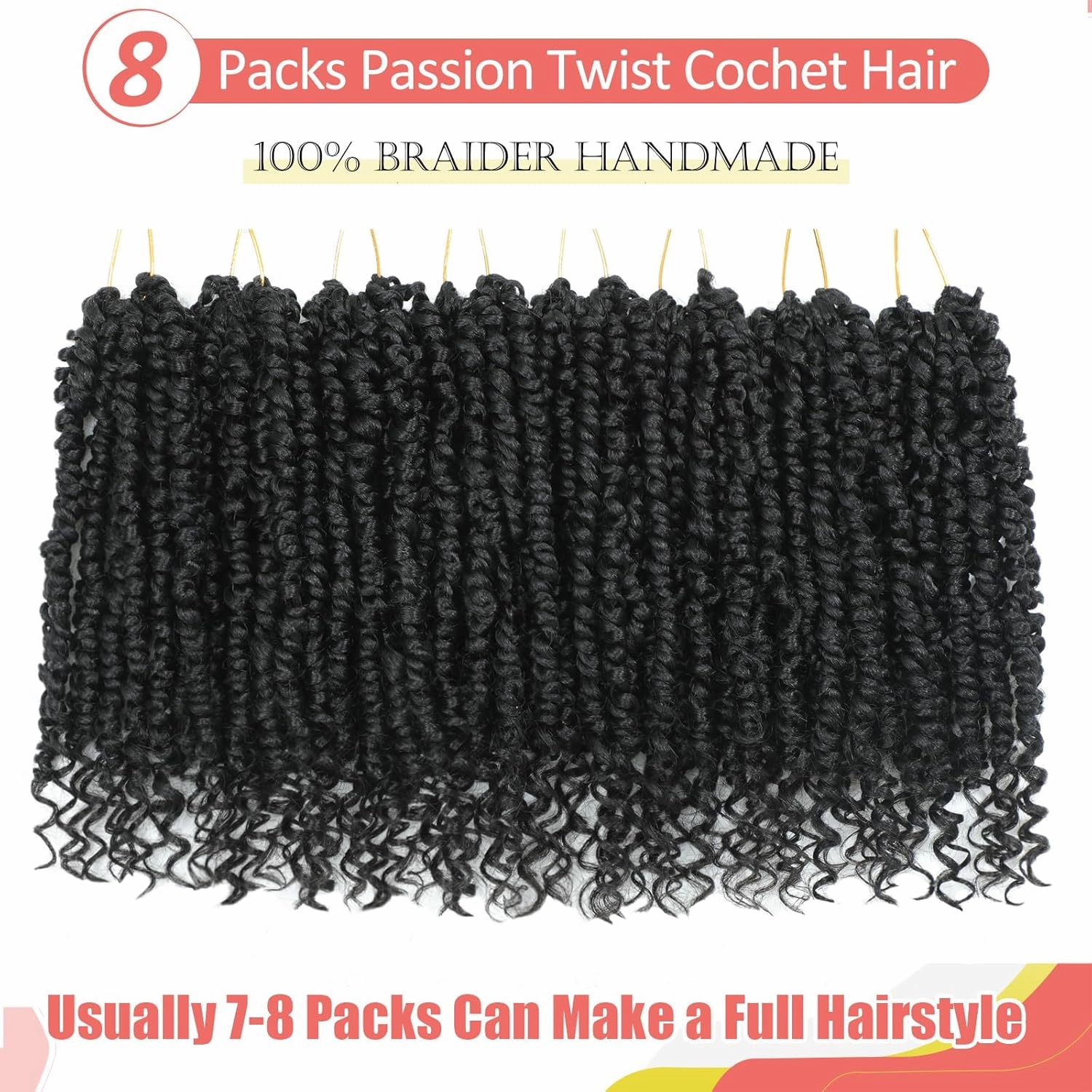 Alicoco Passion Twist Crochet Hair 8 Inch Passion Twist Hair Pre Looped 8 Packs Spring Twist Crochet Braids with Curly Ends Pre-Twisted Crochet Hair for Women (1B)