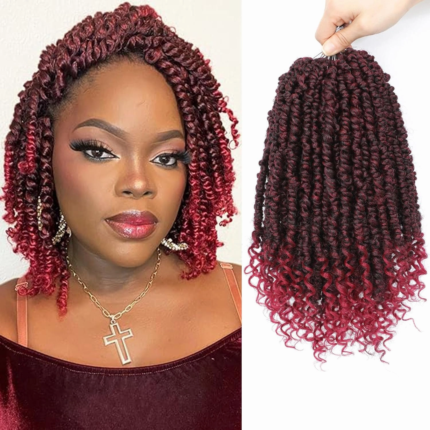 Alicoco Passion Twist Crochet Hair 8 Inch Passion Twist Hair Pre Looped 8 Packs Spring Twist Crochet Braids with Curly Ends Pre-Twisted Crochet Hair for Women (1B/BUG)
