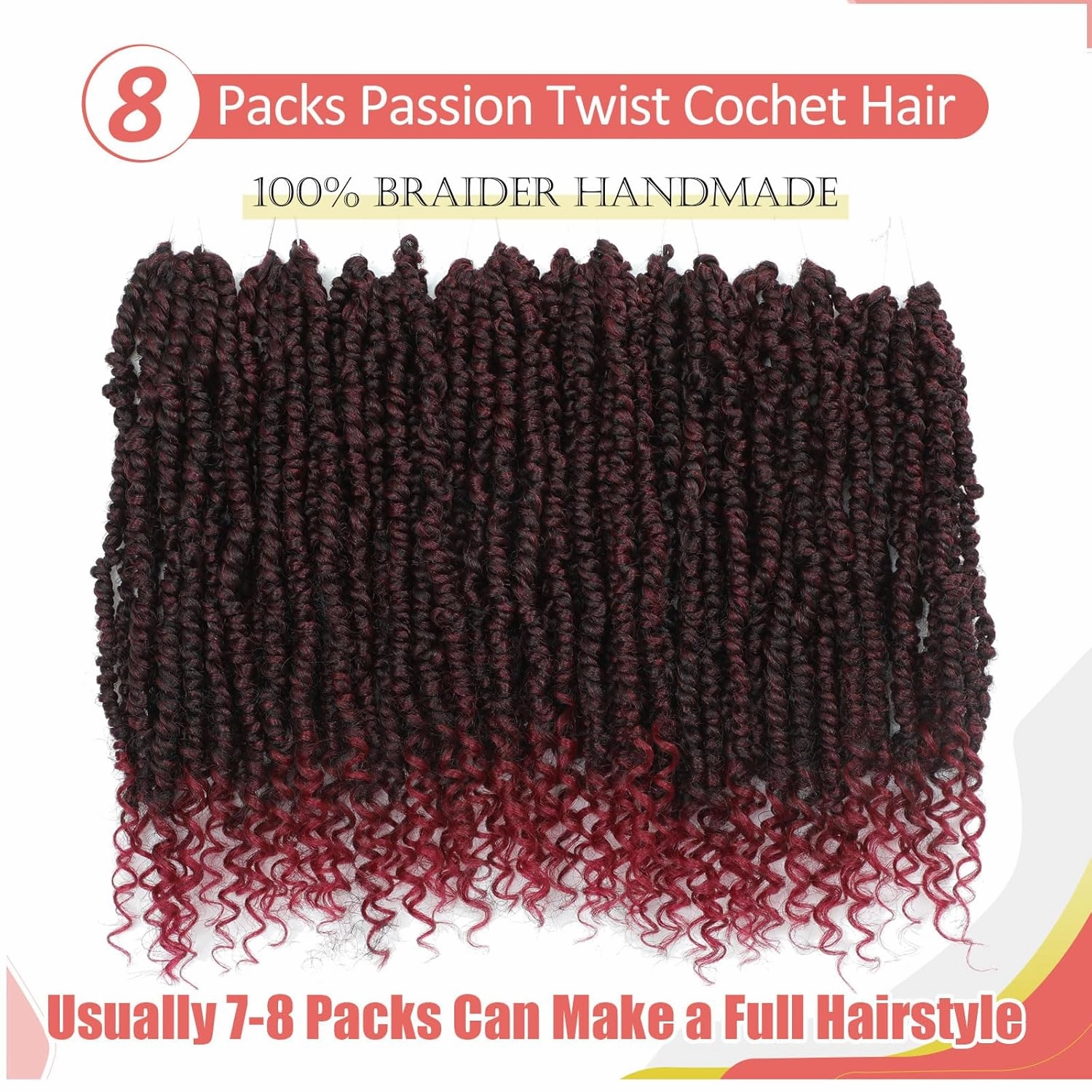 Alicoco Passion Twist Crochet Hair 8 Inch Passion Twist Hair Pre Looped 8 Packs Spring Twist Crochet Braids with Curly Ends Pre-Twisted Crochet Hair for Women (1B/BUG)