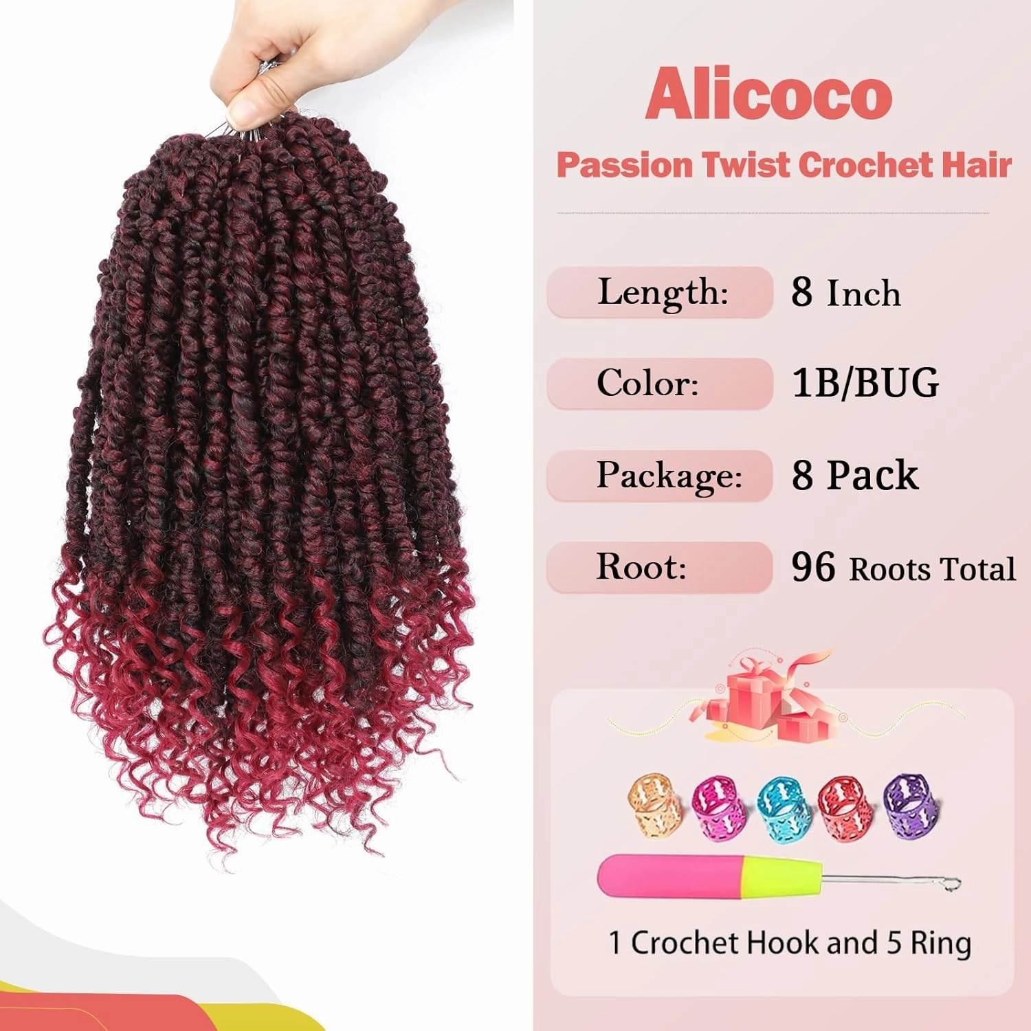 Alicoco Passion Twist Crochet Hair 8 Inch Passion Twist Hair Pre Looped 8 Packs Spring Twist Crochet Braids with Curly Ends Pre-Twisted Crochet Hair for Women (1B/BUG)