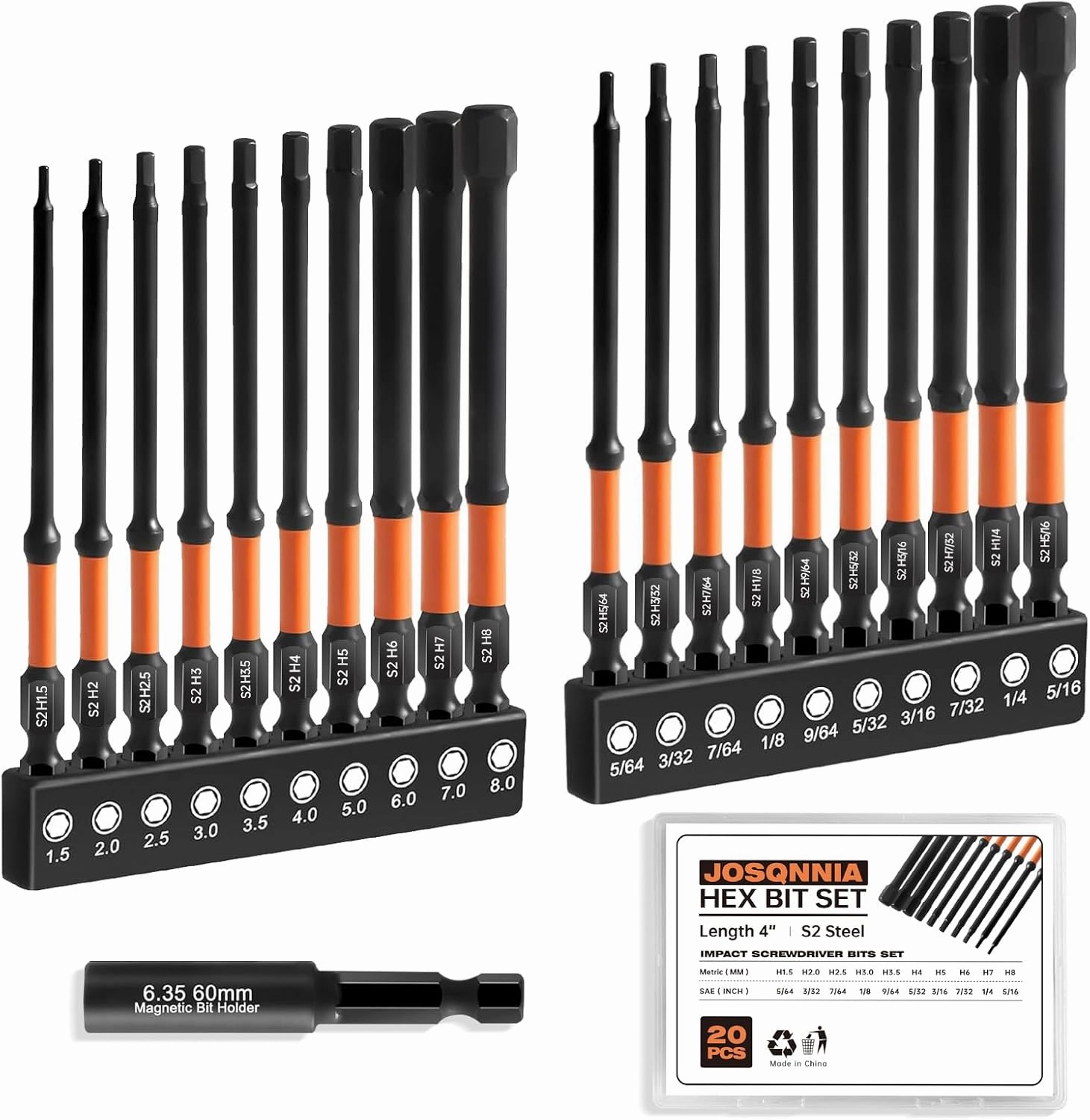 Allen Wrench Drill Bit Set for Impact Drivers - 20 Piece 4" Long Hex Bits (Metric & SAE) with 1/4" Hex Shank, S2 Steel and Magnetism, Heavy-Duty CNC Machined Tips, Extension Socket and Storage Box