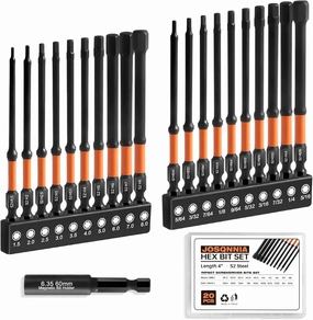 Allen Wrench Drill Bit Set for Impact Drivers - 20 Piece 4" Long Hex Bits (Metric & SAE) with 1/4" Hex Shank, S2 Steel and Magnetism, Heavy-Duty CNC Machined Tips, Extension Socket and Storage Box