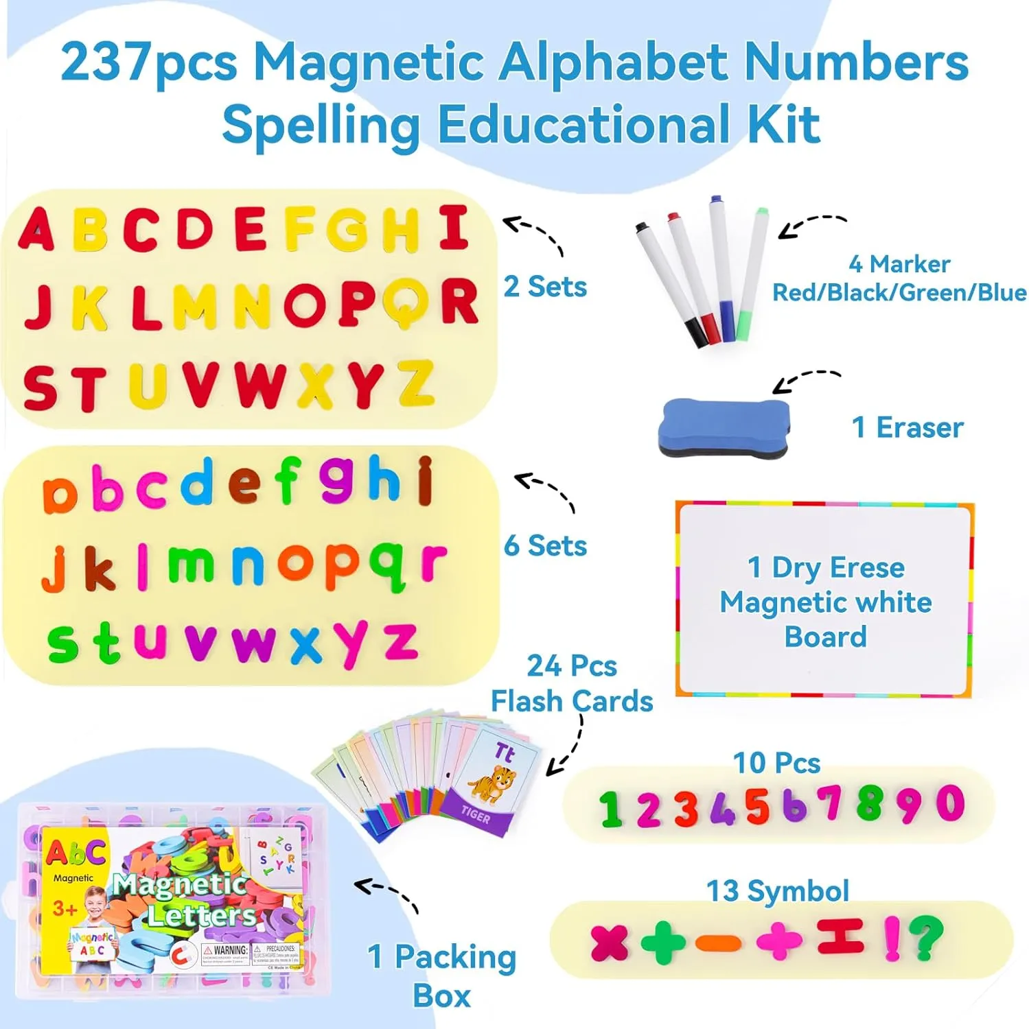 Alphabet Magnetic Letters Magnet Toys for Toddlers Kids, 237 PCS ABC Learning Educational Kit with Dry Erase Board Animals CVC Flash Cards, Classroom Preschool Word Spelling Games Refrigerator Magnets