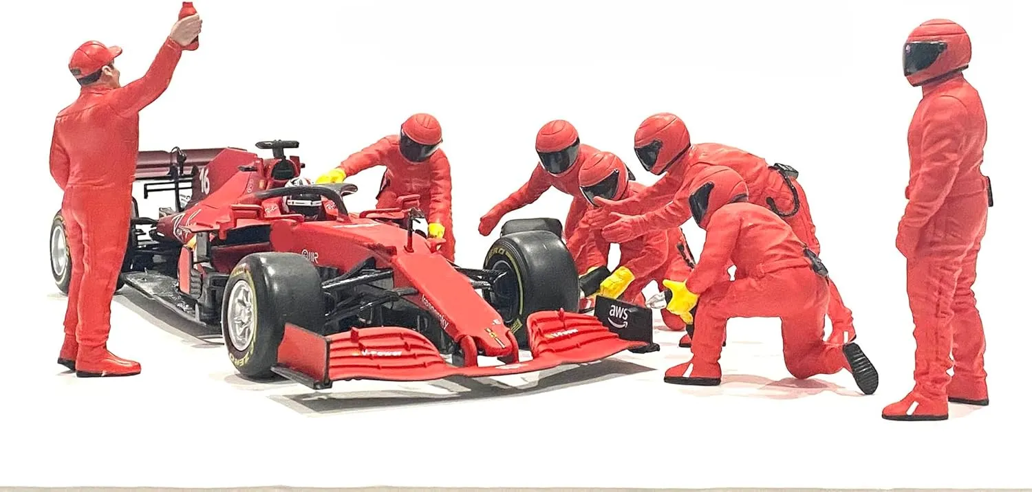 American Diorama F1 Pit Crew Figures (Set III) for 1/18 Scale Formula One Model car Display Set of 7 Figures AD-76556 (Team Red)