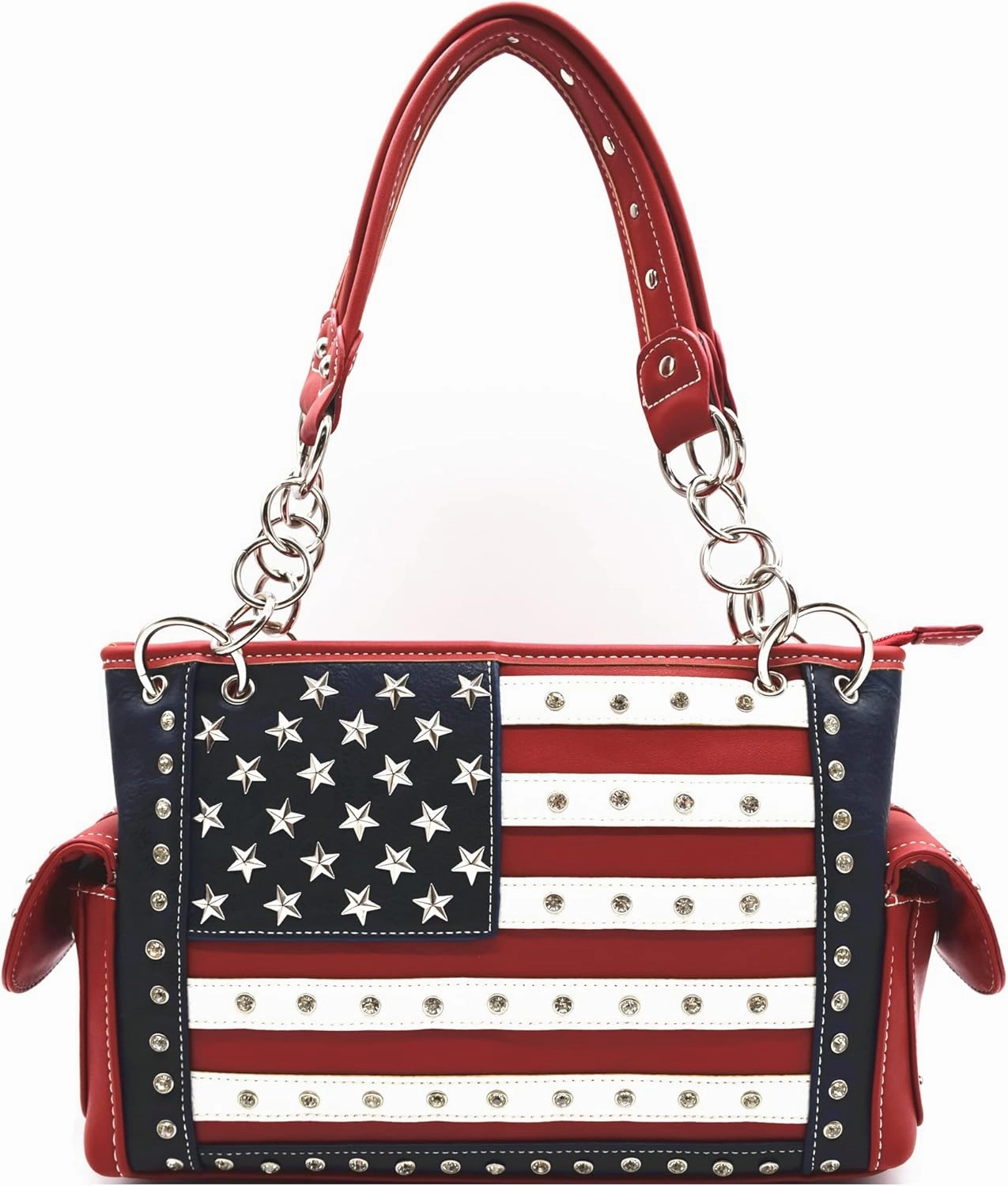 American Flag USA Stars and Stripes Patriotic Leather Purse Women Rhinestone Country Handbag Wallet Set Red White and Blue