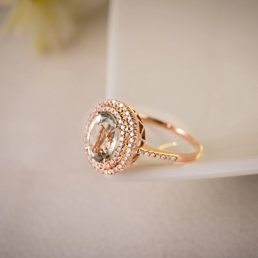 Amethyst Ring For Women, 14K Solid Rose Gold Rings - Green Amethyst Ring with Diamond, Natuaral Green Amethyst Gemstone Rings & Real Diamond Stone Rings For Couple Engagement Ring
