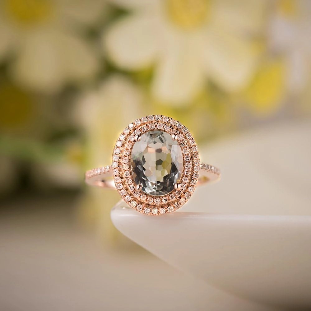 Amethyst Ring For Women, 14K Solid Rose Gold Rings - Green Amethyst Ring with Diamond, Natuaral Green Amethyst Gemstone Rings & Real Diamond Stone Rings For Couple Engagement Ring