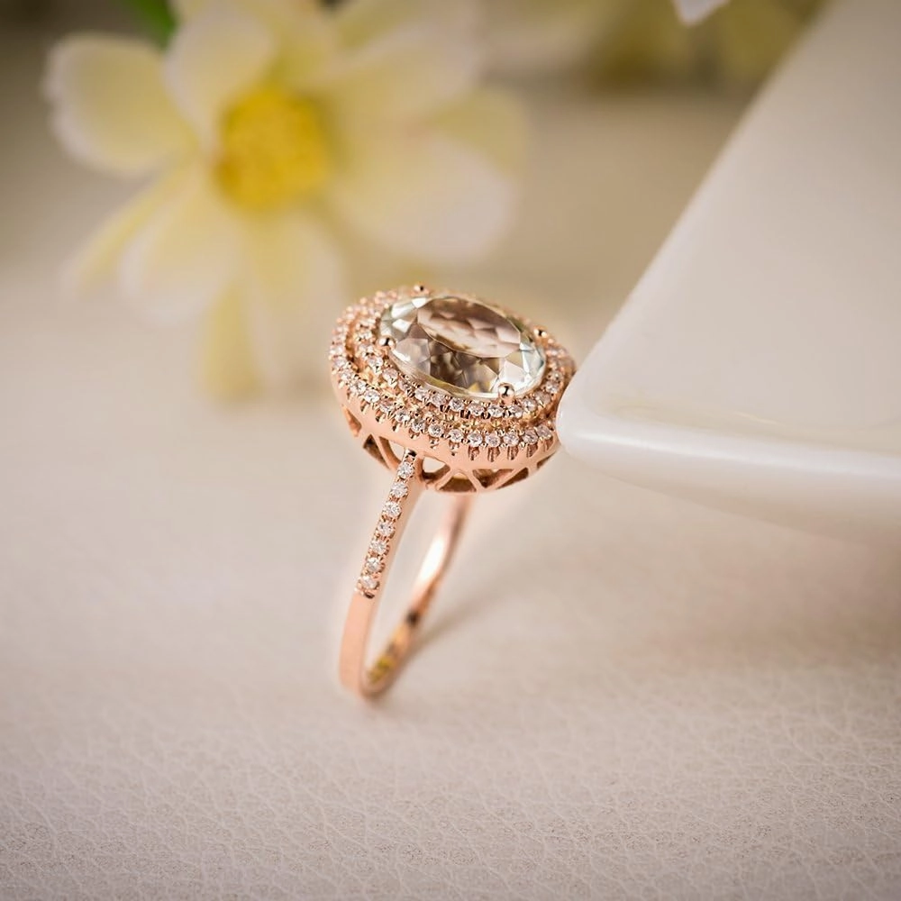Amethyst Ring For Women, 14K Solid Rose Gold Rings - Green Amethyst Ring with Diamond, Natuaral Green Amethyst Gemstone Rings & Real Diamond Stone Rings For Couple Engagement Ring
