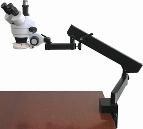 AmScope SM-6T-FRL Professional Trinocular Stereo Zoom Microscope, WH10x Eyepieces, 7X-45X Magnification, 0.7X-4.5X Zoom Objective, 8W Fluorescent Ring Light, Clamping Articulating Arm Stand, 110V-120V