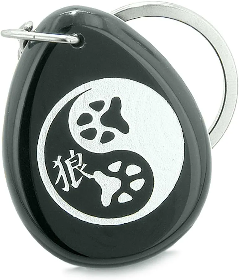Amulet Wolf Paw Yin Yang Kanji Spiritual Balance Powers Black Agate Keychain Ring