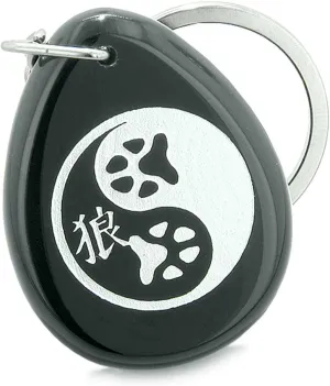Amulet Wolf Paw Yin Yang Kanji Spiritual Balance Powers Black Agate Keychain Ring