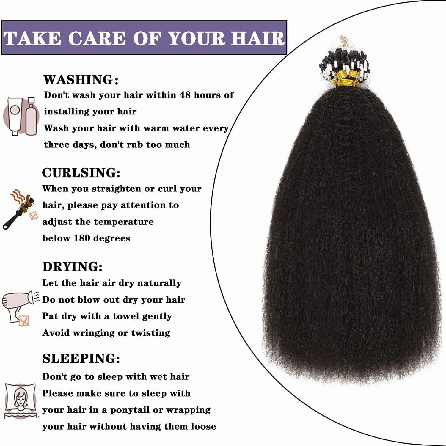 Anrosa Microlink Hair Extensions Human Hair Black Women 100% Human Hair Kinky Straight Microbead Hair Extensions Remy Hair Natural Black #1B Micro Loop Ring Hair Extensions 20Inch 50g