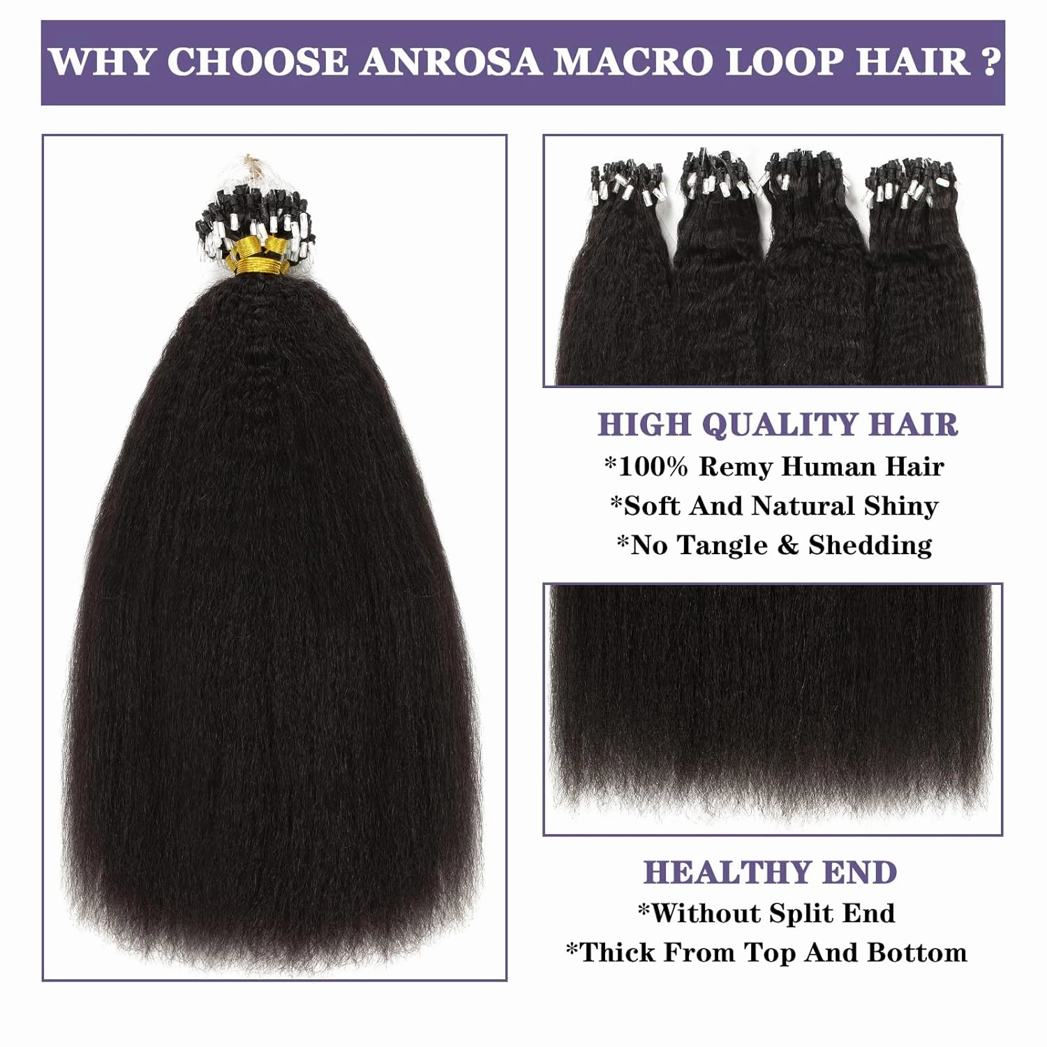 Anrosa Microlink Hair Extensions Human Hair Black Women 100% Human Hair Kinky Straight Microbead Hair Extensions Remy Hair Natural Black #1B Micro Loop Ring Hair Extensions 20Inch 50g