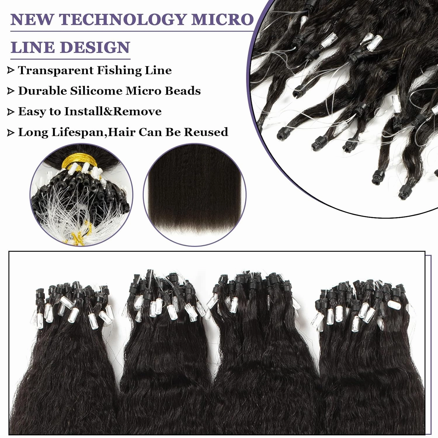 Anrosa Microlink Hair Extensions Human Hair Black Women 100% Human Hair Kinky Straight Microbead Hair Extensions Remy Hair Natural Black #1B Micro Loop Ring Hair Extensions 20Inch 50g