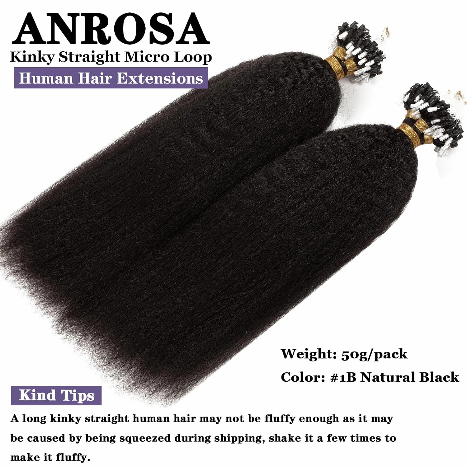 Anrosa Microlink Hair Extensions Human Hair Black Women 100% Human Hair Kinky Straight Microbead Hair Extensions Remy Hair Natural Black #1B Micro Loop Ring Hair Extensions 20Inch 50g