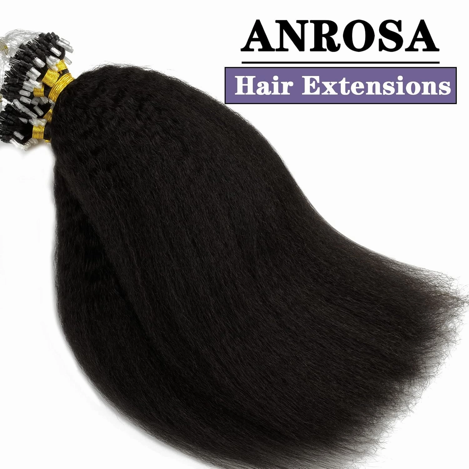 Anrosa Microlink Hair Extensions Human Hair Black Women 100% Human Hair Kinky Straight Microbead Hair Extensions Remy Hair Natural Black #1B Micro Loop Ring Hair Extensions 20Inch 50g