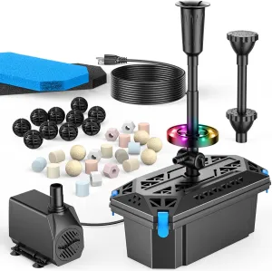 Antfraer Pond Filter with LED Lights, RGB Pond Filter with 660GPH Pump Fountain Kit, Filter Box with RGB Auto-Cycle LED Lights & 3 Spray Modes for Outdoor Ponds Clean Clear and Build Water Features