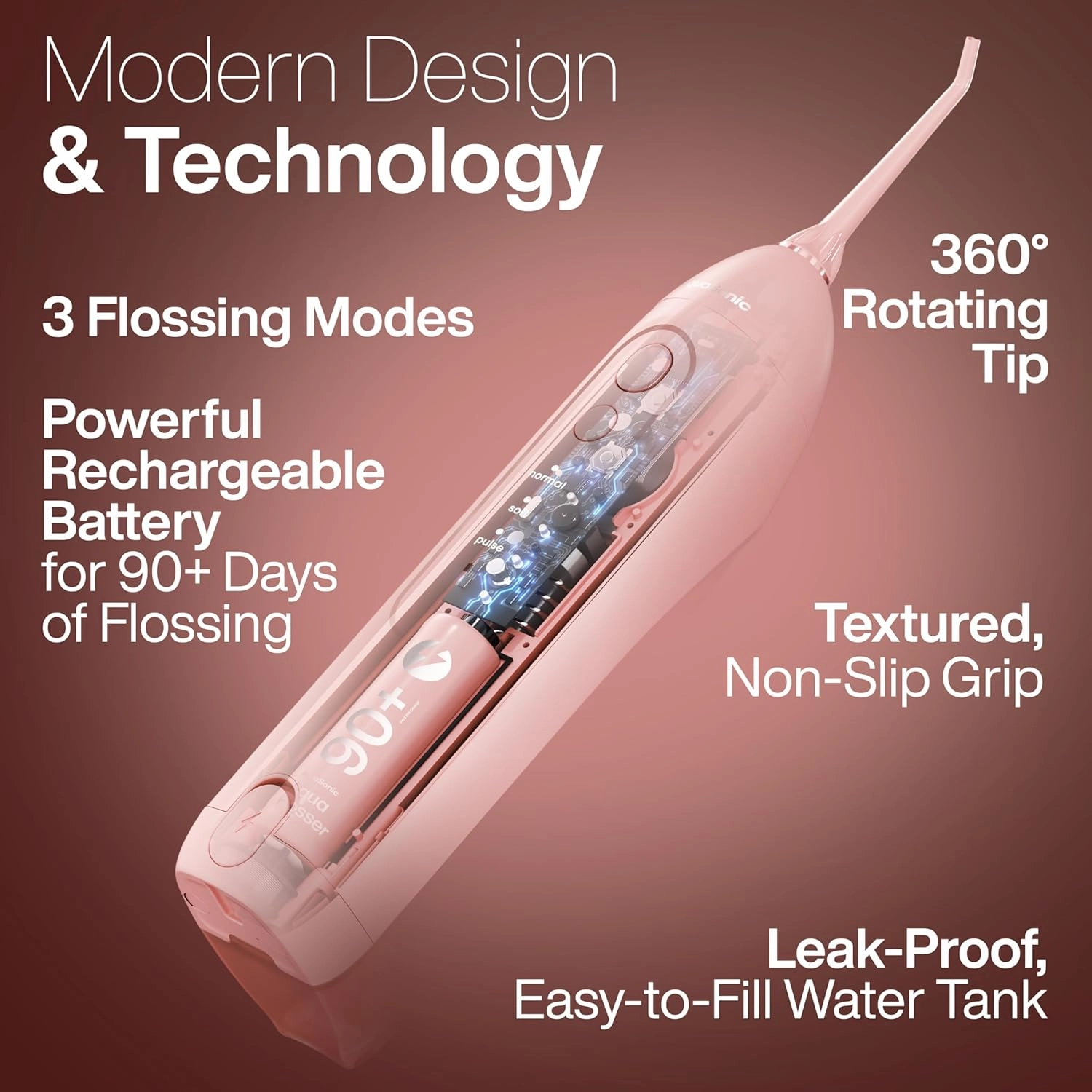 AquaSonic Icon Water Flosser for Teeth – Cordless Rechargeable Oral Irrigator – Waterproof, Portable Dental Cleaning with Jet Tip – Braces Home Travel - Blush