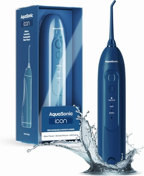 AquaSonic Icon Water Flosser for Teeth – Cordless Rechargeable Oral Irrigator – Waterproof, Portable Dental Cleaning with Jet Tip – Braces Home Travel - Navy