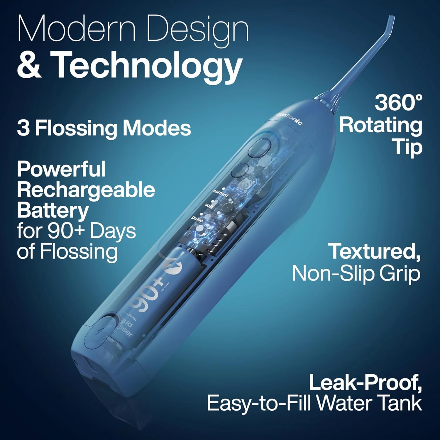 AquaSonic Icon Water Flosser for Teeth – Cordless Rechargeable Oral Irrigator – Waterproof, Portable Dental Cleaning with Jet Tip – Braces Home Travel - Navy