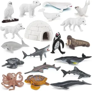 Arctic Sea Animal Figurines Set Small Cake Toppers 19PCS Christmas Toy Gift Polar Bear Figurine Plastic Arctic Fox Figure Penguin Figurines Snow Toys for Kids Toddlers Preschool Educational Playset