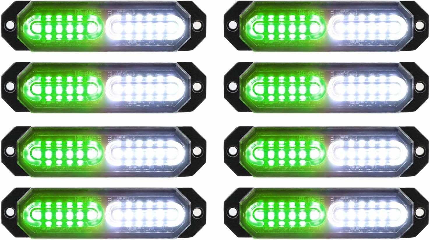 ASPL 8pcs Sync Feature Ultra Slim 12-LED Surface Mount Flashing Strobe Lights for Truck Car Vehicle LED Mini Grille Light Head Emergency Beacon Hazard Warning Lights (Green/White)