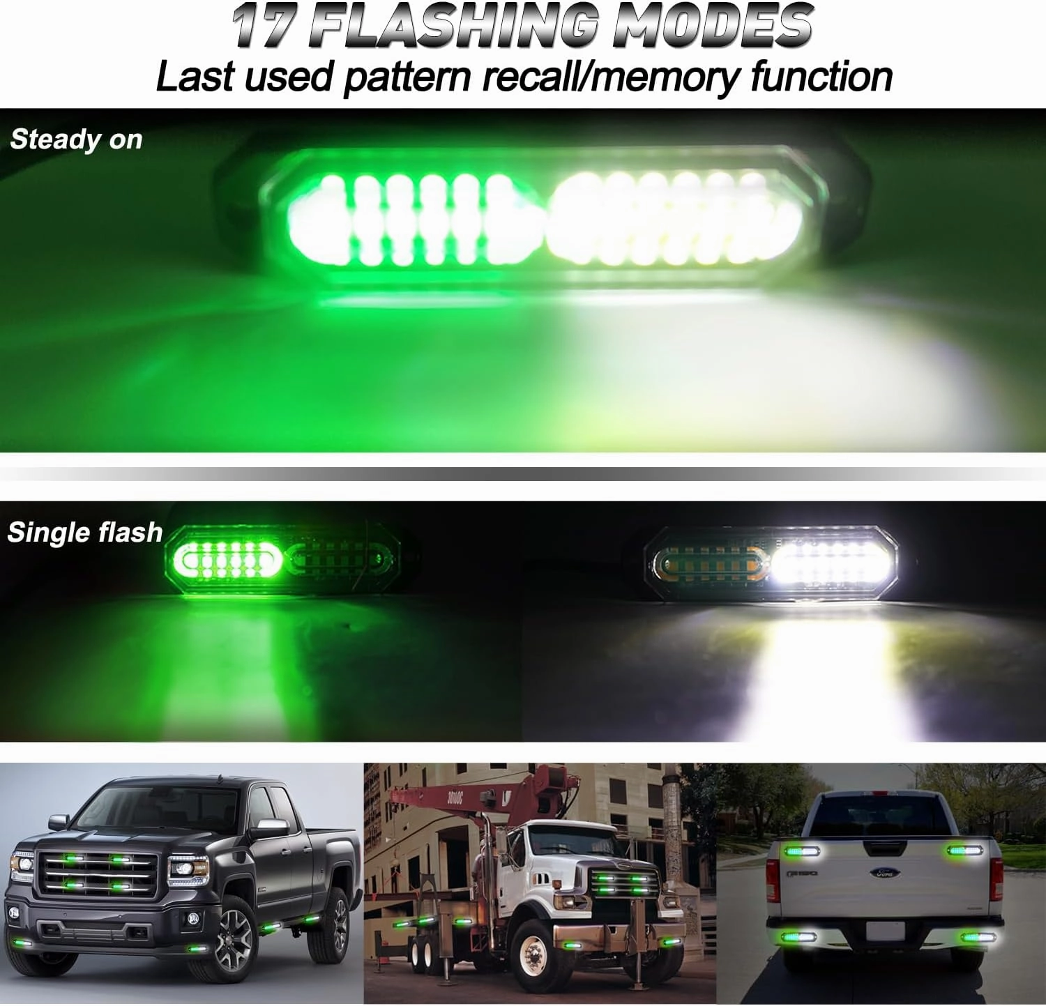 ASPL 8pcs Sync Feature Ultra Slim 12-LED Surface Mount Flashing Strobe Lights for Truck Car Vehicle LED Mini Grille Light Head Emergency Beacon Hazard Warning Lights (Green/White)