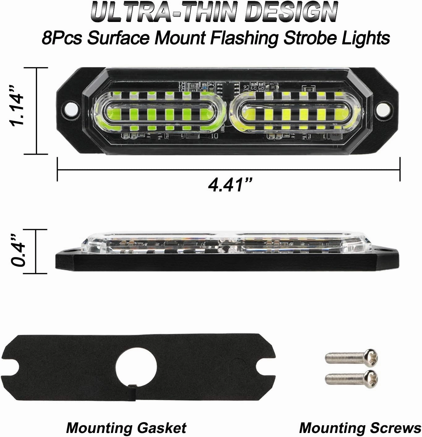 ASPL 8pcs Sync Feature Ultra Slim 12-LED Surface Mount Flashing Strobe Lights for Truck Car Vehicle LED Mini Grille Light Head Emergency Beacon Hazard Warning Lights (Green/White)