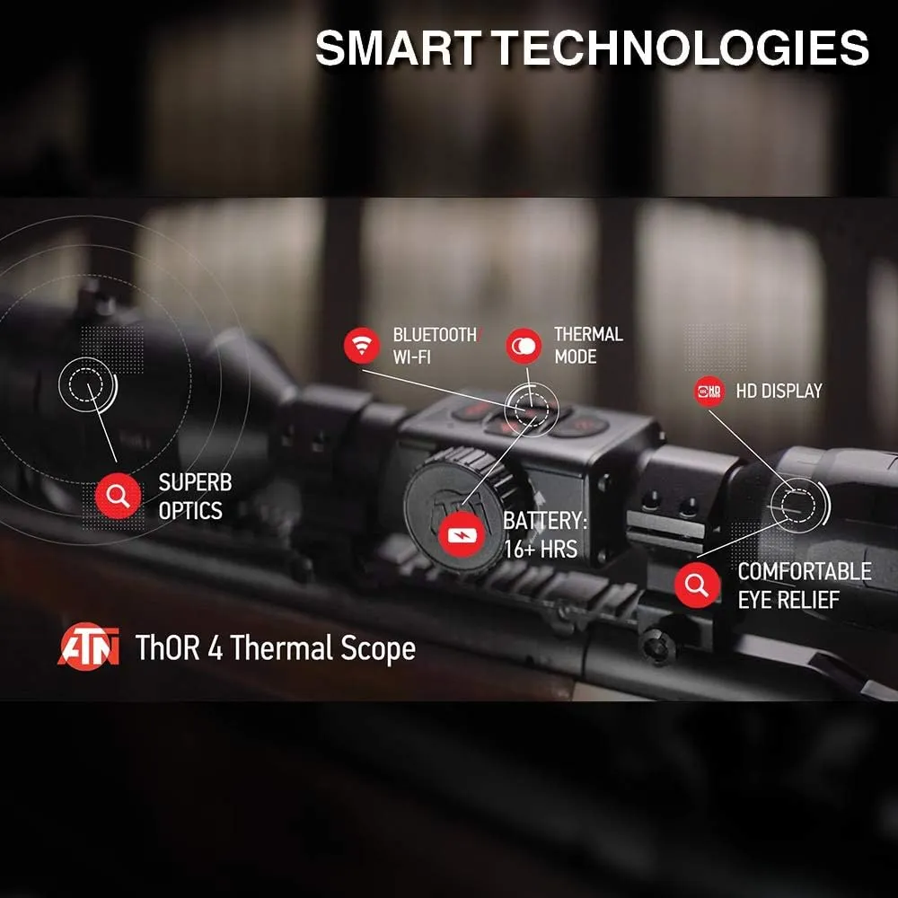 ATN Thor 4 Smart HD Thermal Hunting Scope w/New gen Sensor, Built-in Ballistics Calc, Video Record, Wi-Fi, 18hrs  Battery