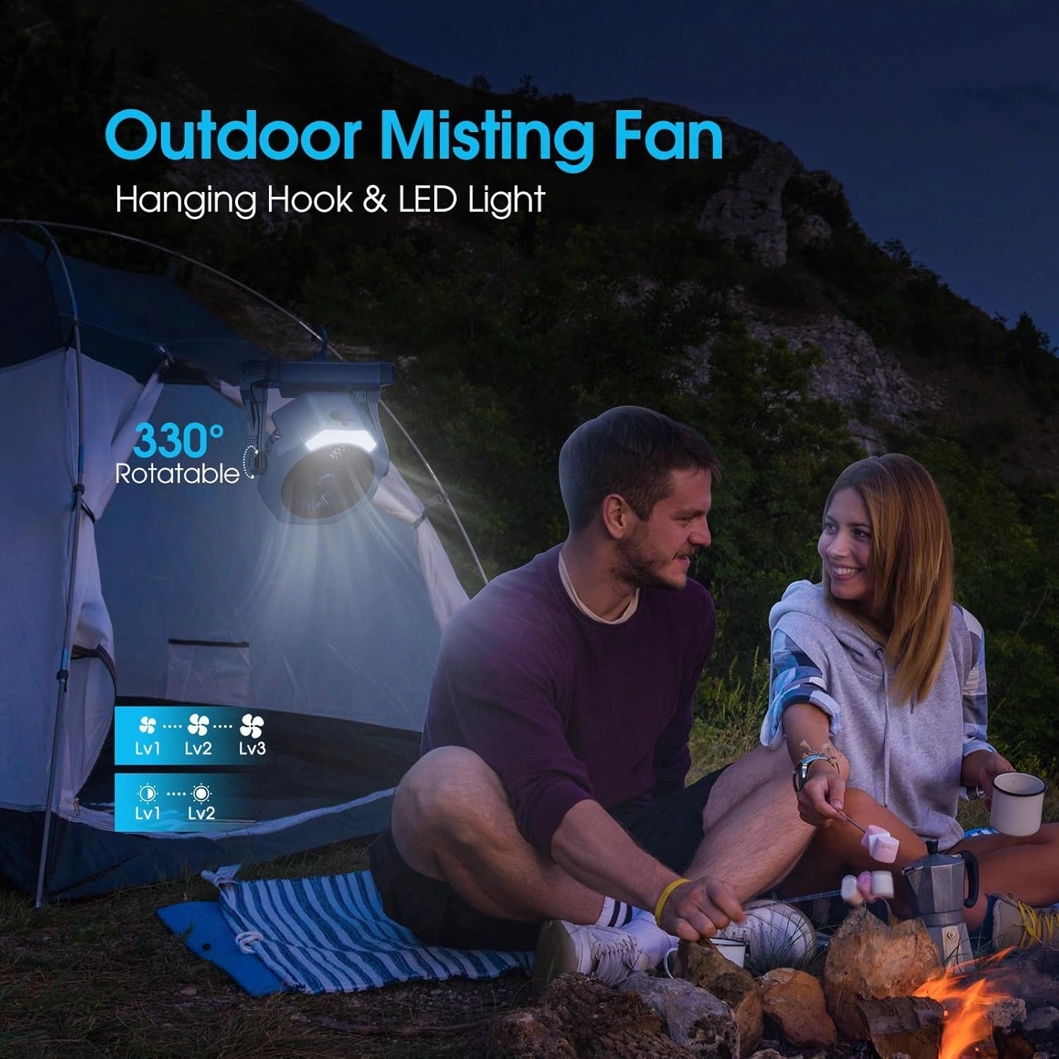 Ausic Portable Misting Fans for Outside, Outdoor Cooling Fan for Patios, 8 Inch Battery Operated Rechargeable Fans, Water Spray Fan with Light for Travel Beach Camping Essential