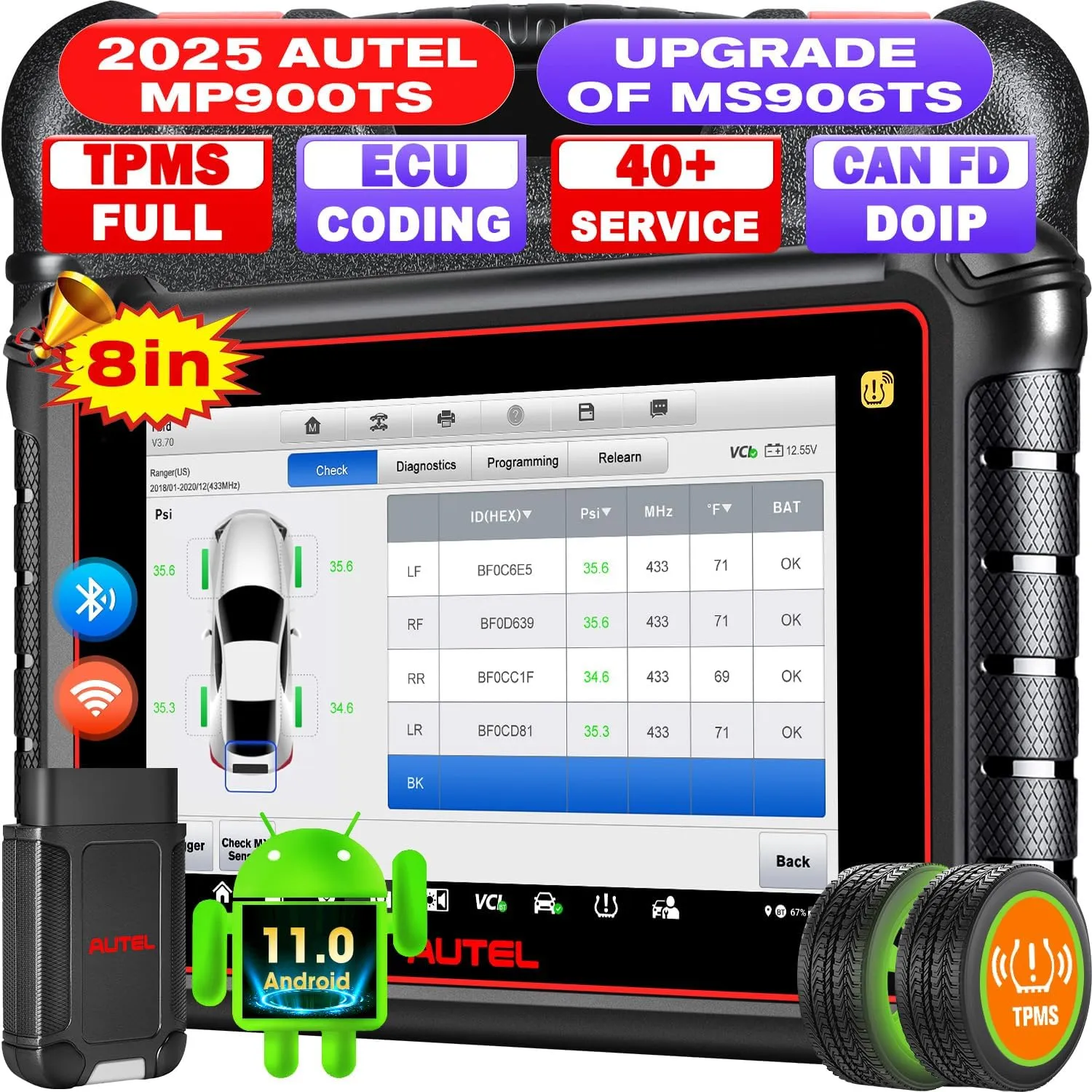 Autel MaxiPRO MP900TS Scanner, 2025 8in MP900-TS up of MaxiSYS MS906 PRO MS906TS MP900-BT MK900-TS, Top TPMS as MS906 Pro-TS, ECU Coding, Bidirectional Scan Tool, 40  Service, All System, CAN FD&DOIP