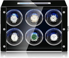Automatic Watch Winder with Remote Control LCD Touch Screen LED Illumination Rotation Mode Setting Motor Luxury Leather Watches Display Box for 6 Watches (A 6 0)