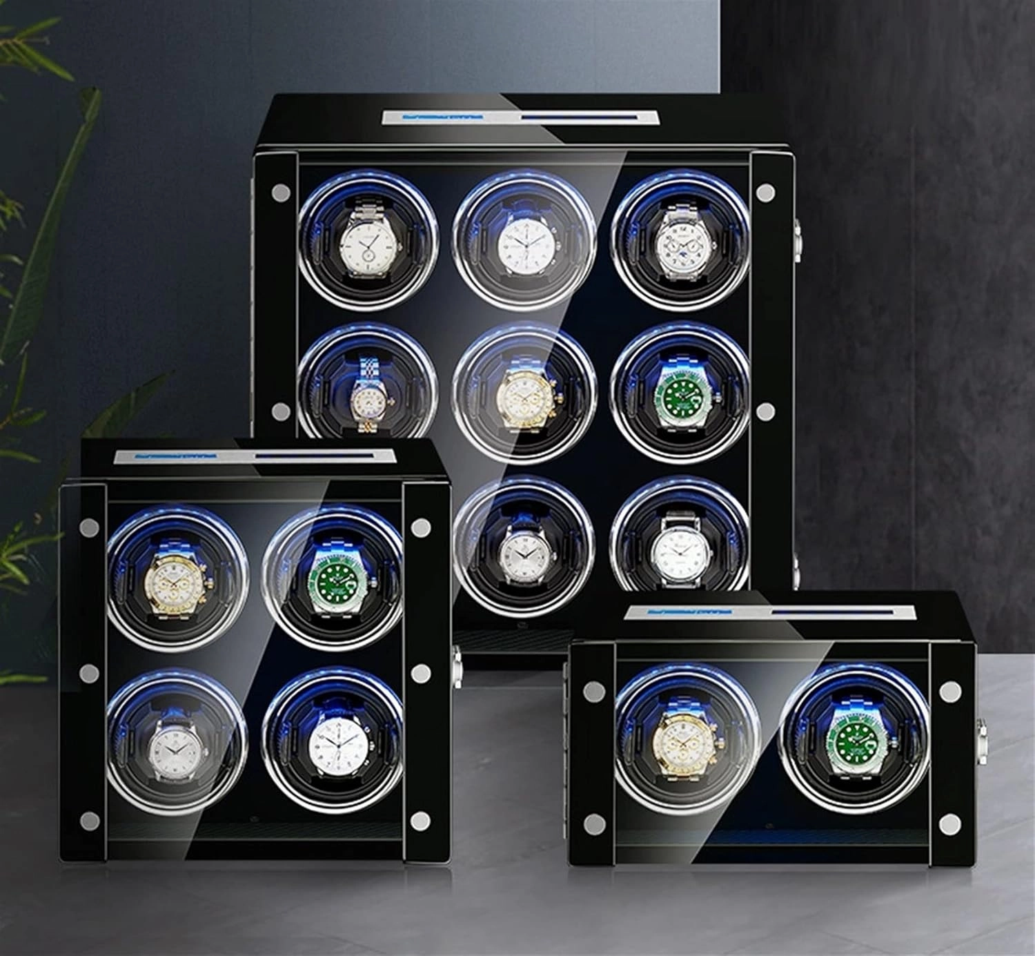 Automatic Watch Winder with Remote Control LCD Touch Screen LED Illumination Rotation Mode Setting Motor Luxury Leather Watches Display Box for 6 Watches (A 6 0)