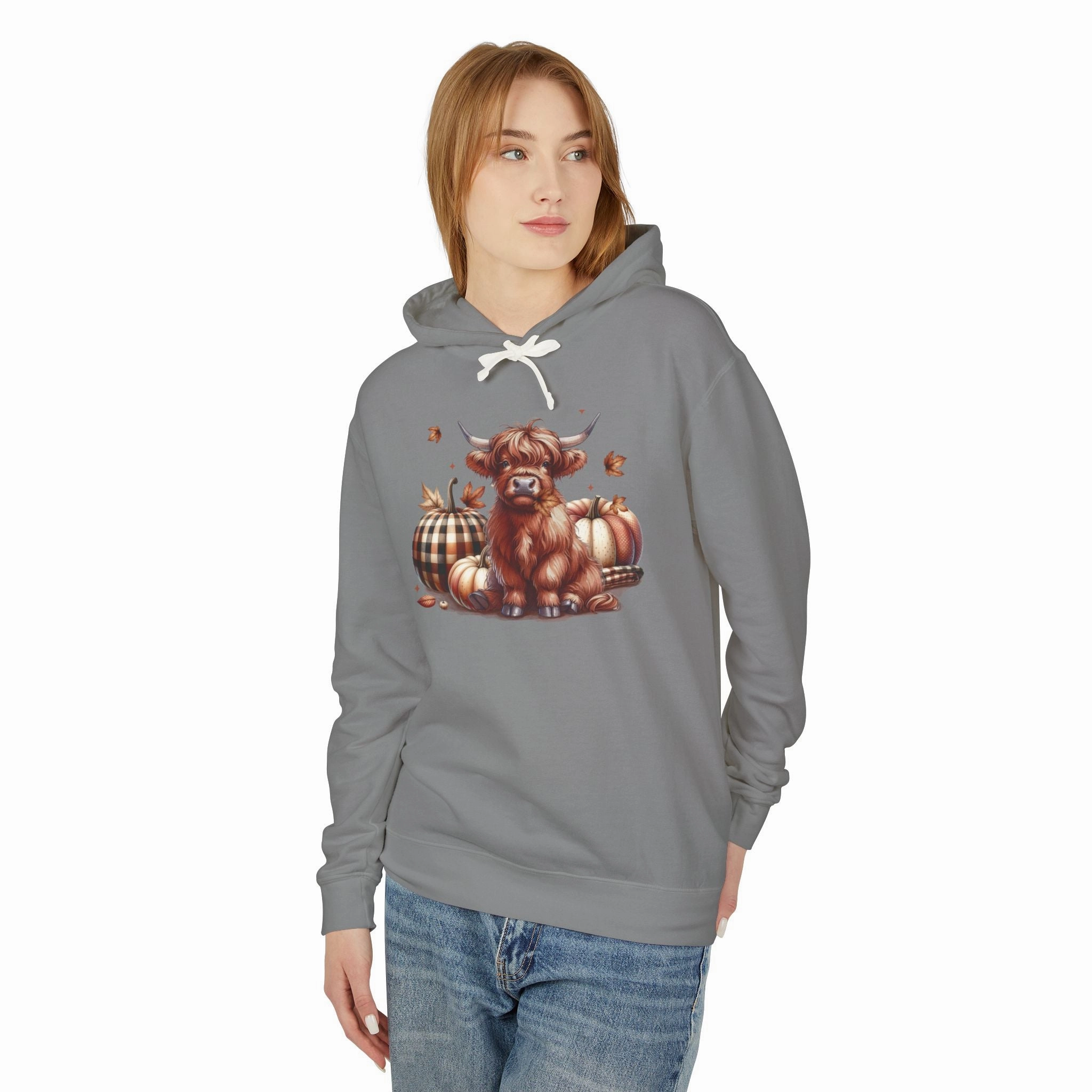 Autumn Highland Cow Charm Lightweight Hooded Sweatshirt