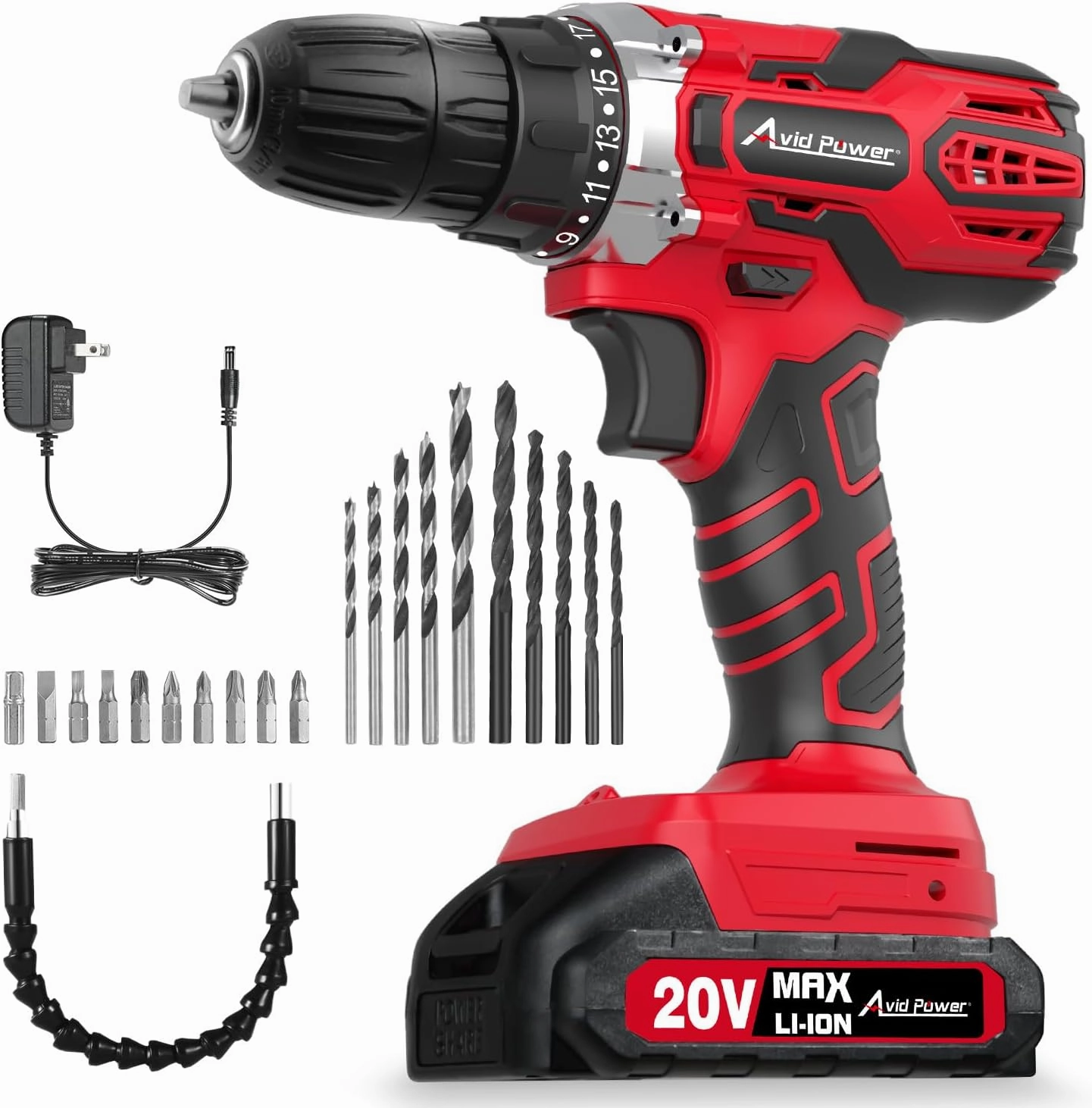 AVID POWER 20V MAX Power Drill Kit, Cordless Drill Set with Battery and Charger, 2 Variable Speed, 3/8-Inch Keyless Chuck, 19 Position and 22pcs Bits